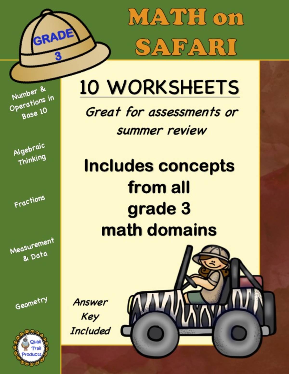 An educational teaching resource from Quail Trail Products entitled Grade 3 MATH Worksheets for ALL DOMAINS | Safari Theme downloadable at Teach Simple.