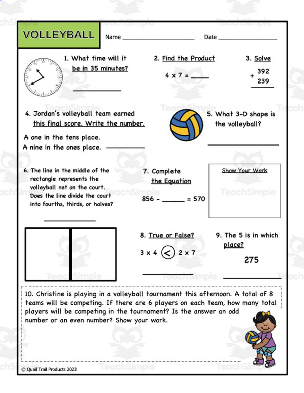 An educational teaching resource from Quail Trail Products entitled Grade 3 Math Worksheets - Sports Theme downloadable at Teach Simple.