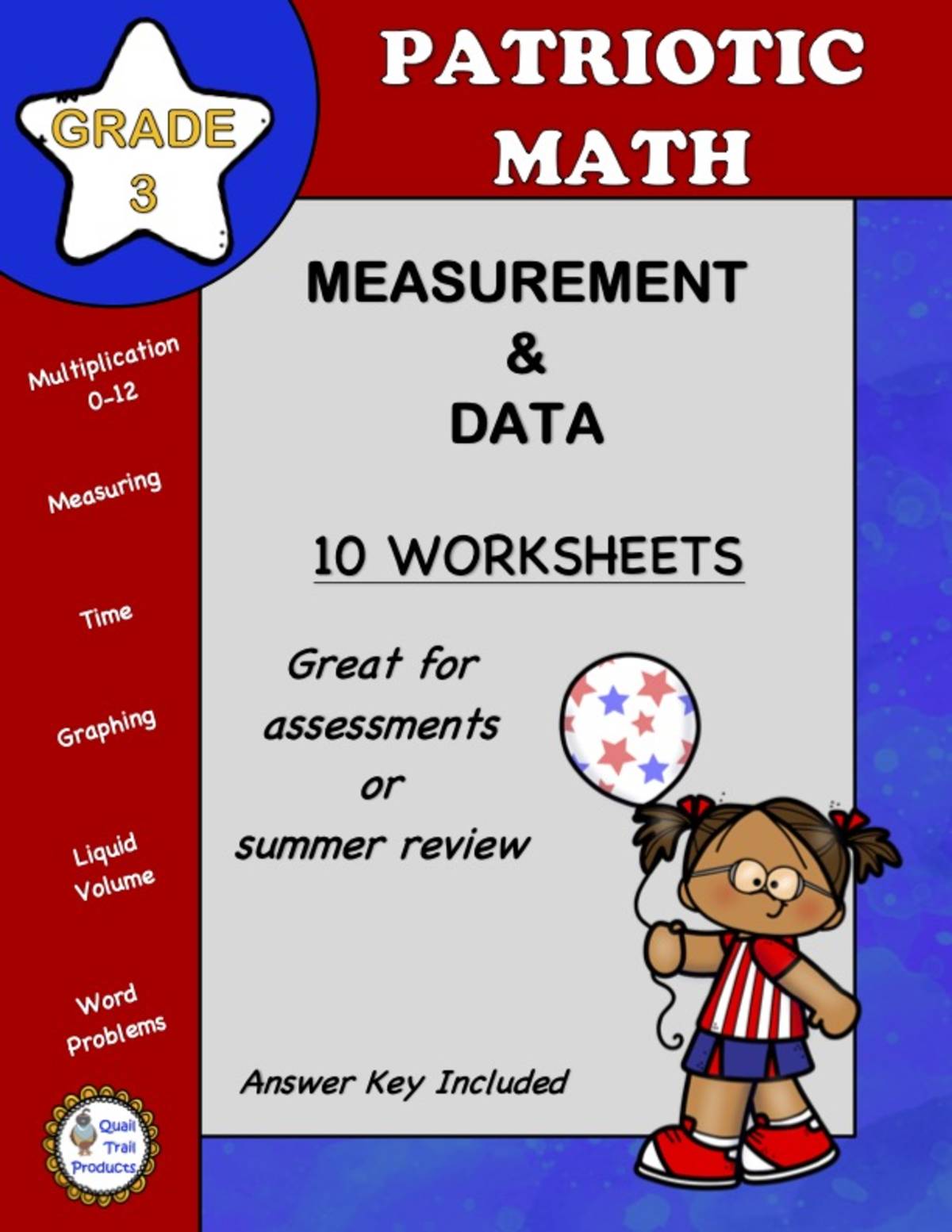 An educational teaching resource from Quail Trail Products entitled Grade 3 MEASUREMENT and DATA Worksheets | Patriotic Theme downloadable at Teach Simple.