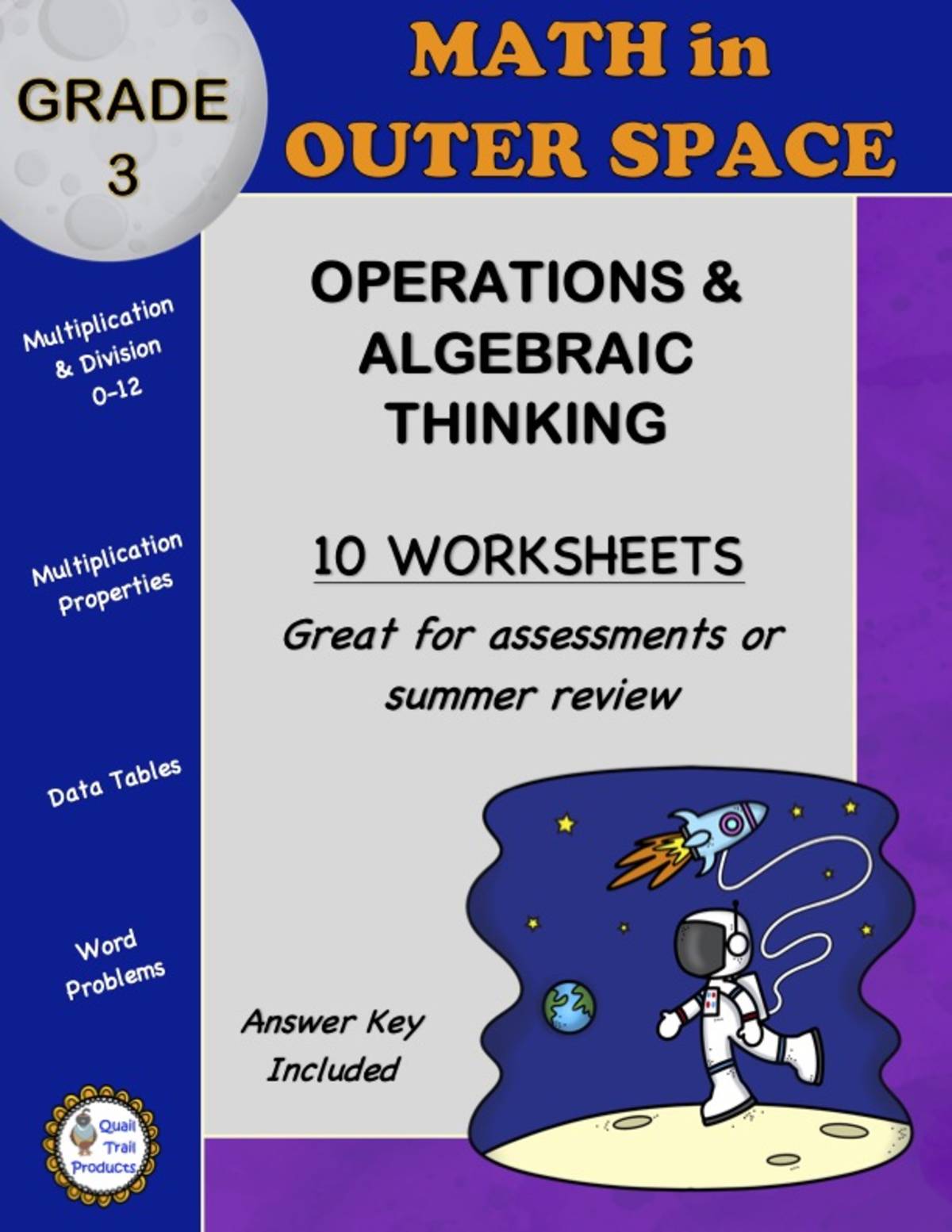 An educational teaching resource from Quail Trail Products entitled Grade 3 OPERATIONS and ALGEBRAIC THINKING Worksheets | Space Theme downloadable at Teach Simple.