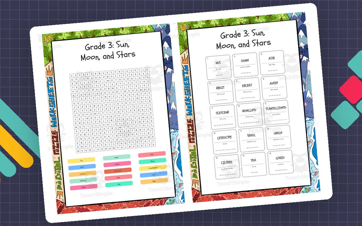 An educational teaching resource from Lapiiin Art Activities entitled Grade 3 Sun Moon and Stars word search, scramble and crossword puzzle downloadable at Teach Simple.