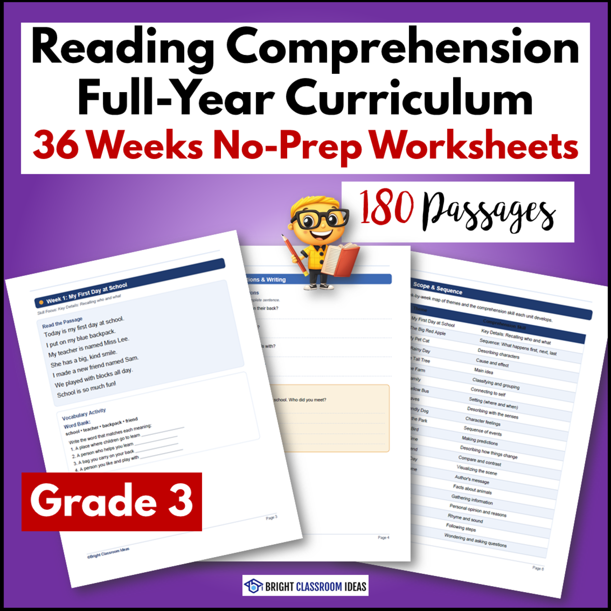 An educational teaching resource from Bright Classroom Ideas Marketplace entitled Grade 3 Yearlong Reading Comprehension Curriculum | 180 Worksheets downloadable at Teach Simple.