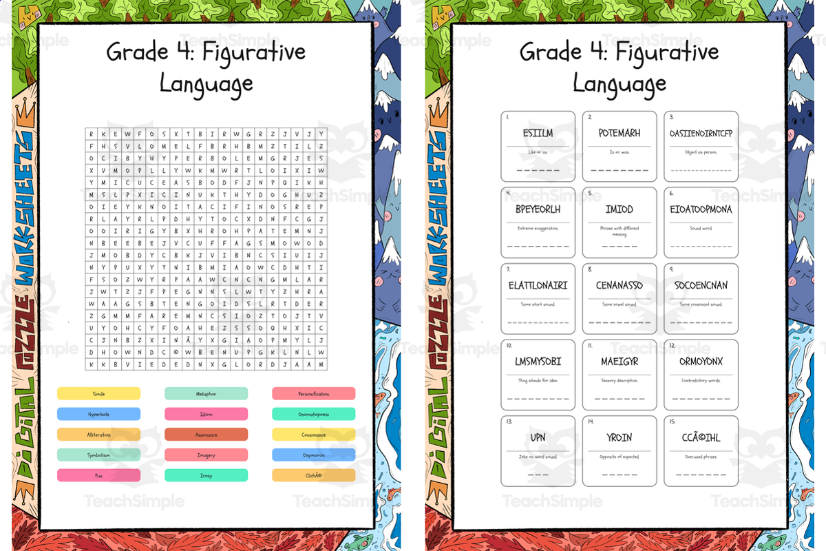 An educational teaching resource from Lapiiin Art Activities entitled Grade 4 Figurative Language word search, scramble and crossword puzzle downloadable at Teach Simple.