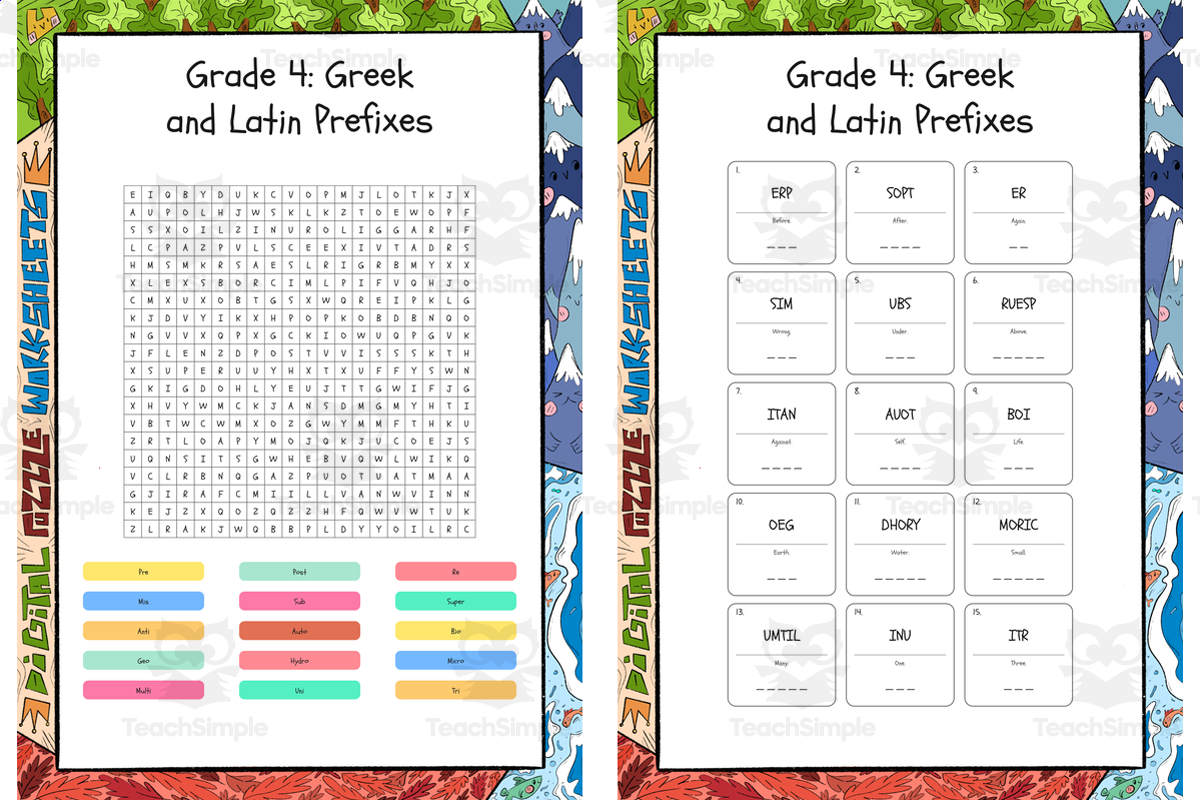 An educational teaching resource from Lapiiin Art Activities entitled Grade 4 Greek and Latin Prefixes word search, scramble and crossword p downloadable at Teach Simple.