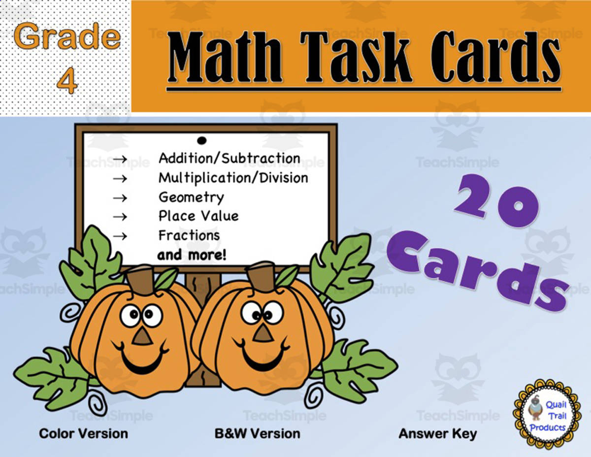 An educational teaching resource from Quail Trail Products entitled Grade 4 Pumpkin Math Task Cards downloadable at Teach Simple.