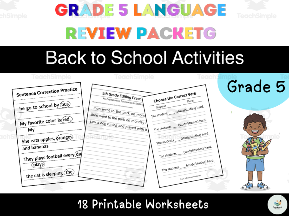 An educational teaching resource from LuminaPrint entitled Grade 5 Language Review Worksheets Back to School downloadable at Teach Simple.