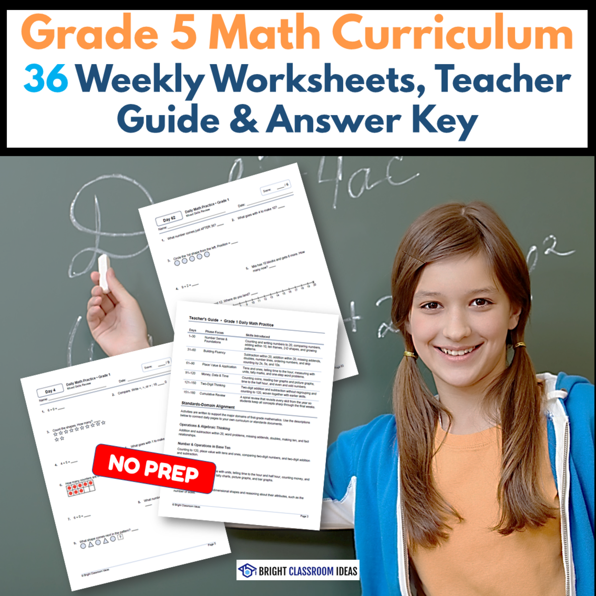 An educational teaching resource from Bright Classroom Ideas Marketplace entitled Grade 5 Math Curriculum | 36 Weekly Worksheets downloadable at Teach Simple.