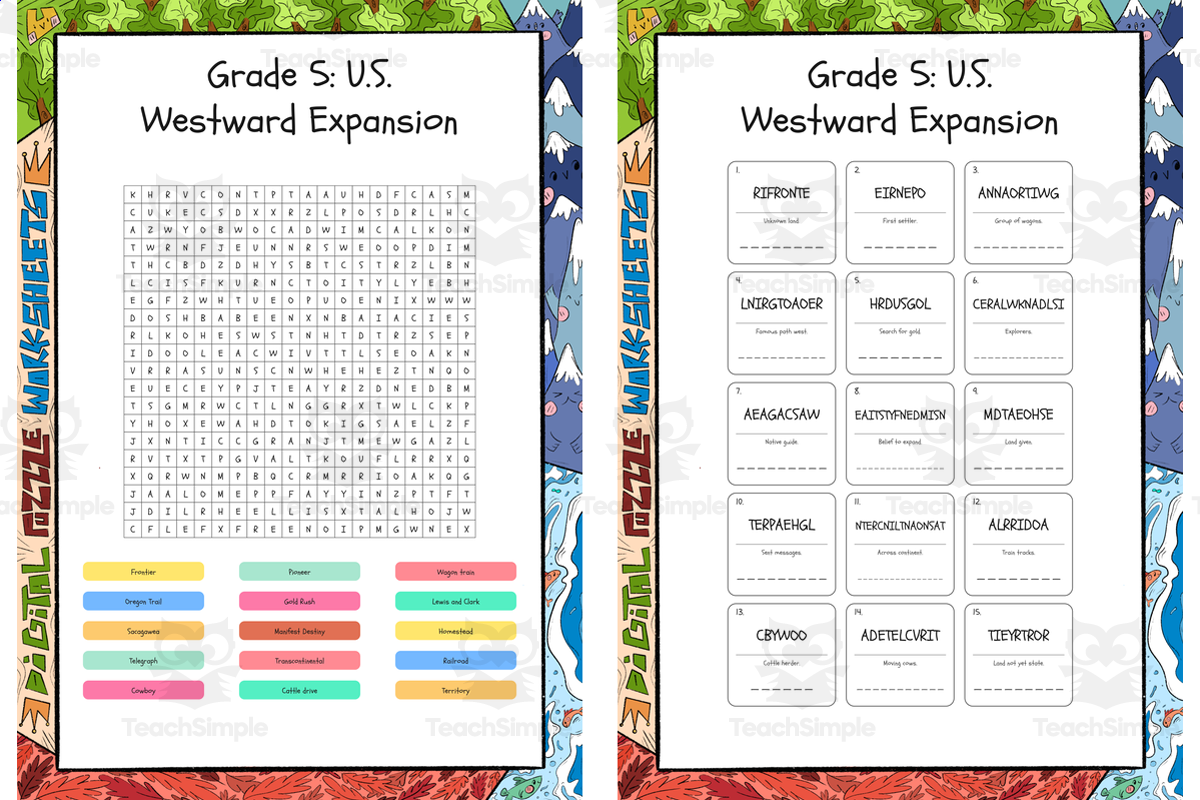 An educational teaching resource from Lapiiin Art Activities entitled Grade 5 US Westward Expansion word search, scramble and crossword puzz downloadable at Teach Simple.