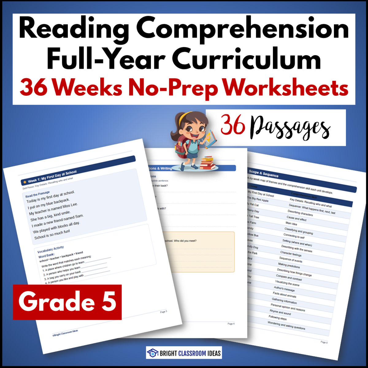An educational teaching resource from Bright Classroom Ideas Marketplace entitled Grade 5 Yearlong Reading Comprehension Curriculum | 36 No-Prep Workshe downloadable at Teach Simple.