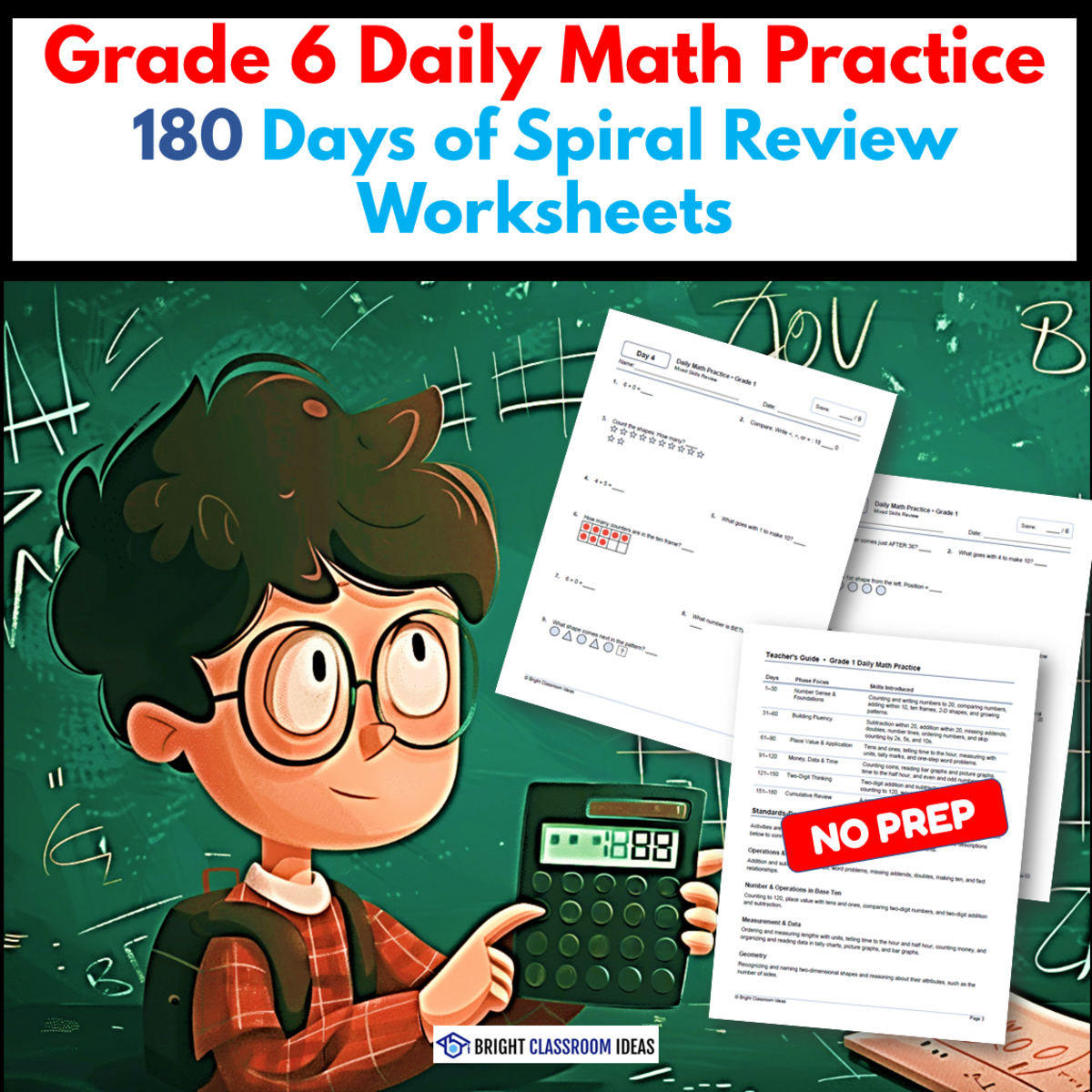 An educational teaching resource from Bright Classroom Ideas Marketplace entitled Grade 6 Daily Math Practice | 180 Days of Spiral Review Worksheets downloadable at Teach Simple.