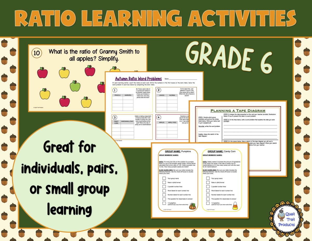 An educational teaching resource from Quail Trail Products entitled Grade 6 Ratio Learning Activities | Autumn Theme downloadable at Teach Simple.
