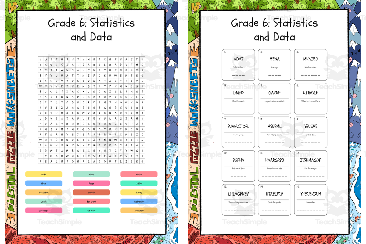 An educational teaching resource from Lapiiin Art Activities entitled Grade 6 Statistics and Data word search, scramble and crossword puzzle downloadable at Teach Simple.