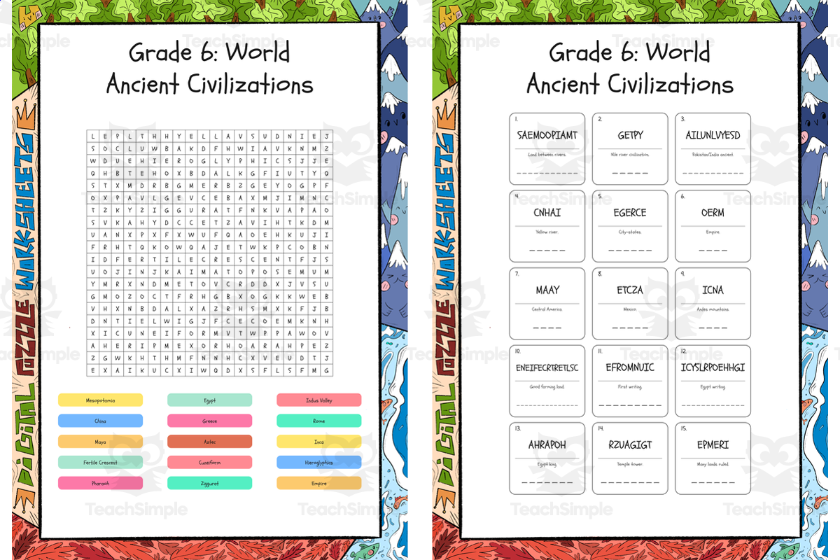 An educational teaching resource from Lapiiin Art Activities entitled Grade 6 World Ancient Civilizations word search, scramble and crosswor downloadable at Teach Simple.