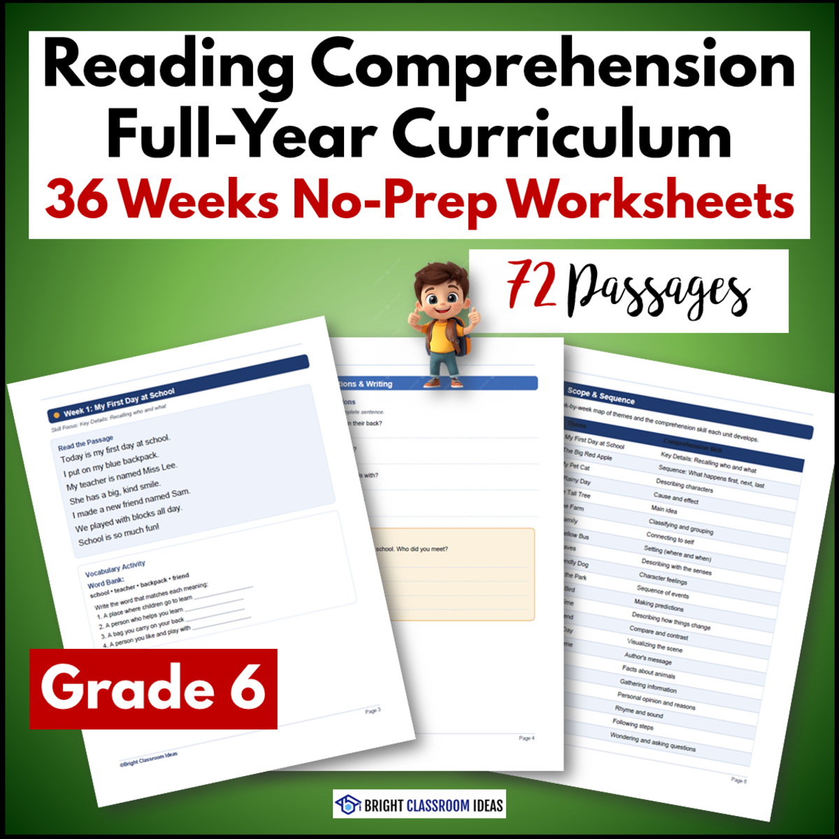 An educational teaching resource from Bright Classroom Ideas Marketplace entitled Grade 6 Yearlong Reading Comprehension Curriculum | 72 Worksheets downloadable at Teach Simple.
