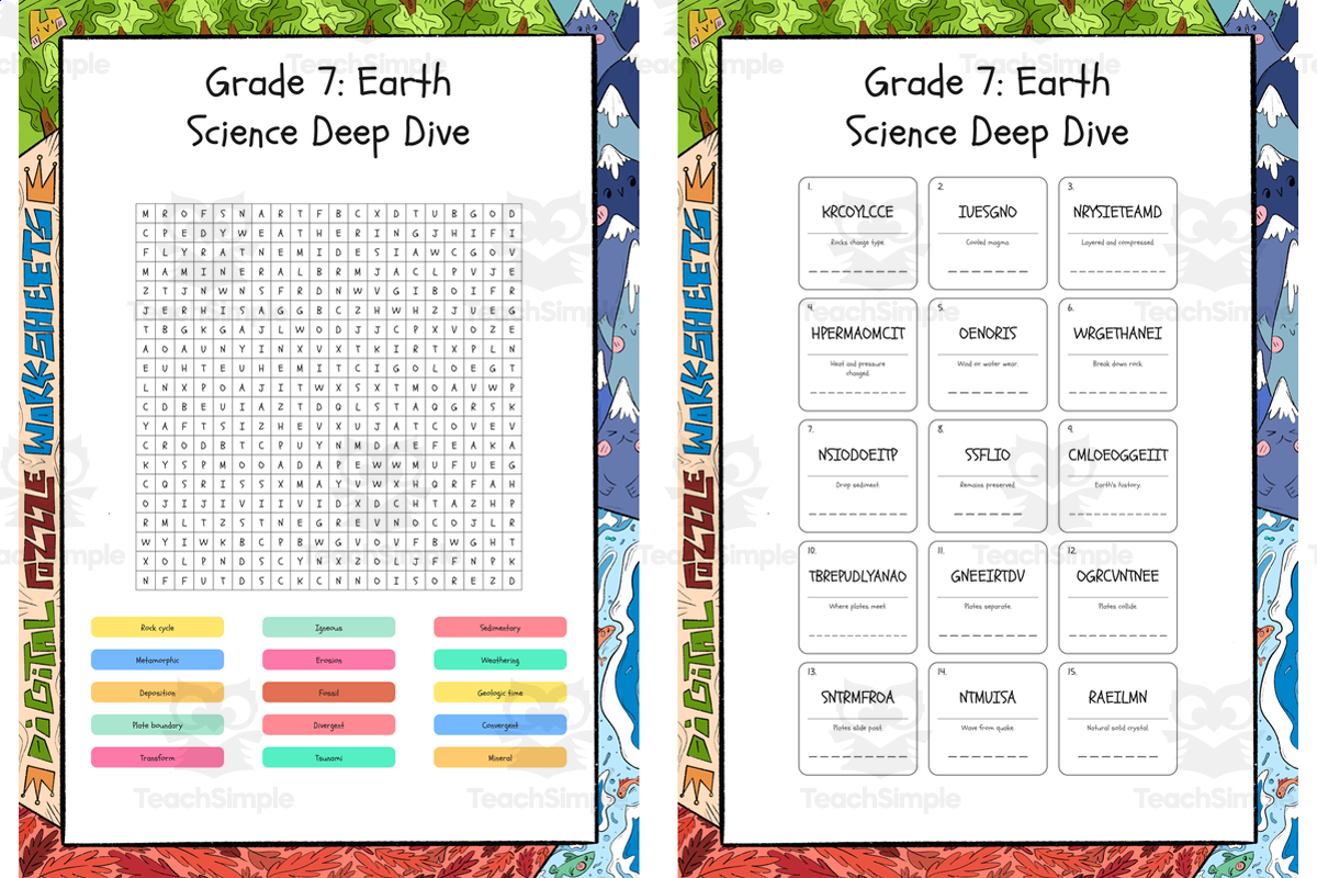 An educational teaching resource from Lapiiin Art Activities entitled Grade 7 Earth Science Deep Dive word search, scramble and crossword pu downloadable at Teach Simple.