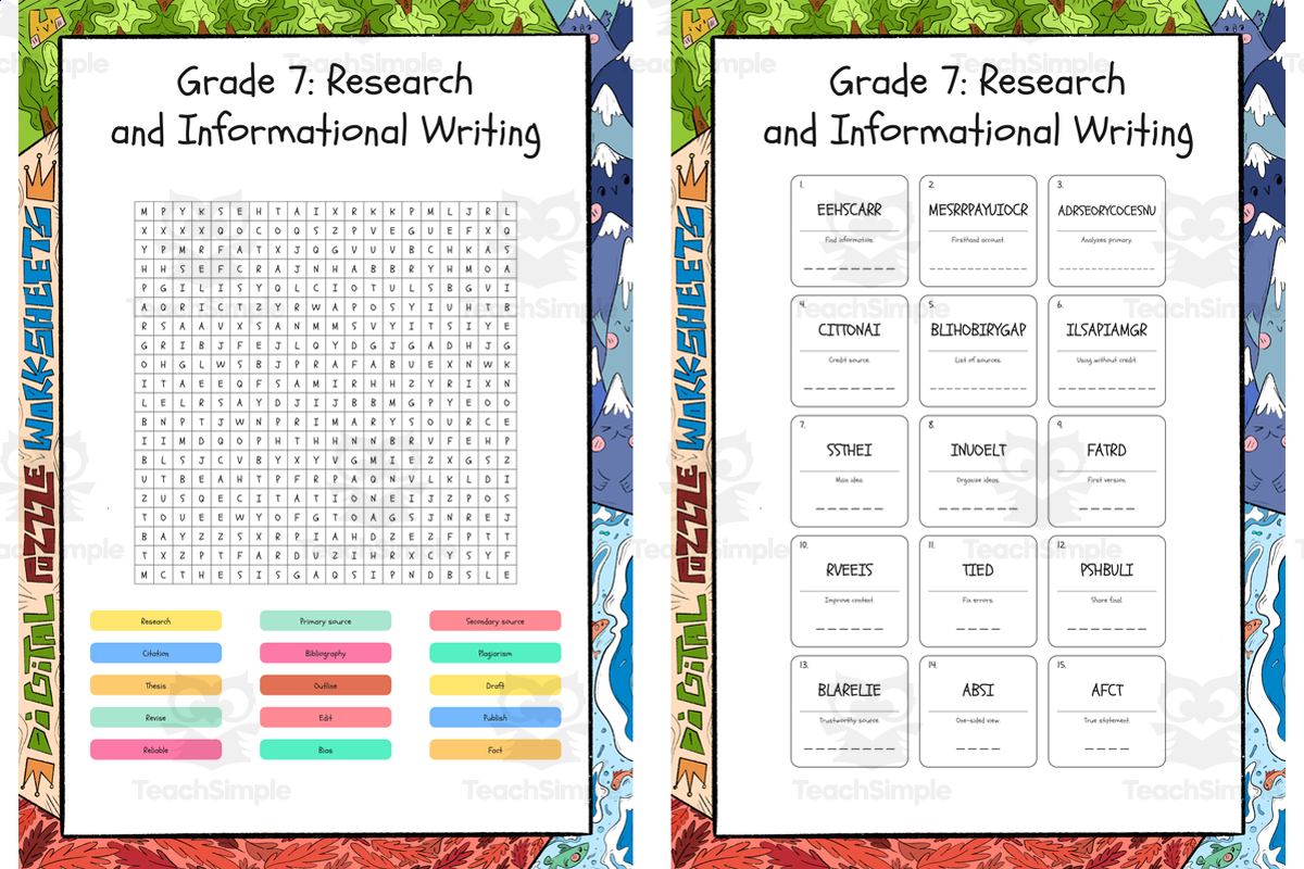 An educational teaching resource from Lapiiin Art Activities entitled Grade 7 Research and Informational Writing word search, scramble and c downloadable at Teach Simple.