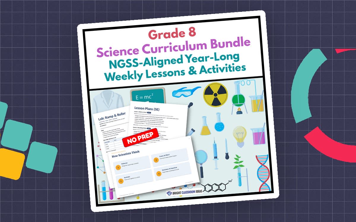 An educational teaching resource from Bright Classroom Ideas Marketplace entitled Grade 8 Science Curriculum Bundle | NGSS-Aligned Year-Long Lessons downloadable at Teach Simple.