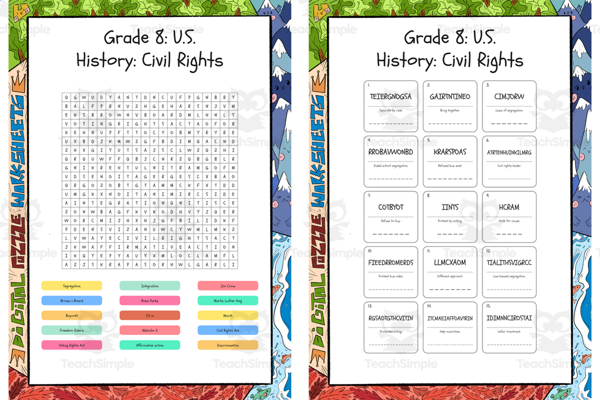 An educational teaching resource from Lapiiin Art Activities entitled Grade 8 US History Civil Rights word search, scramble and crossword pu downloadable at Teach Simple.