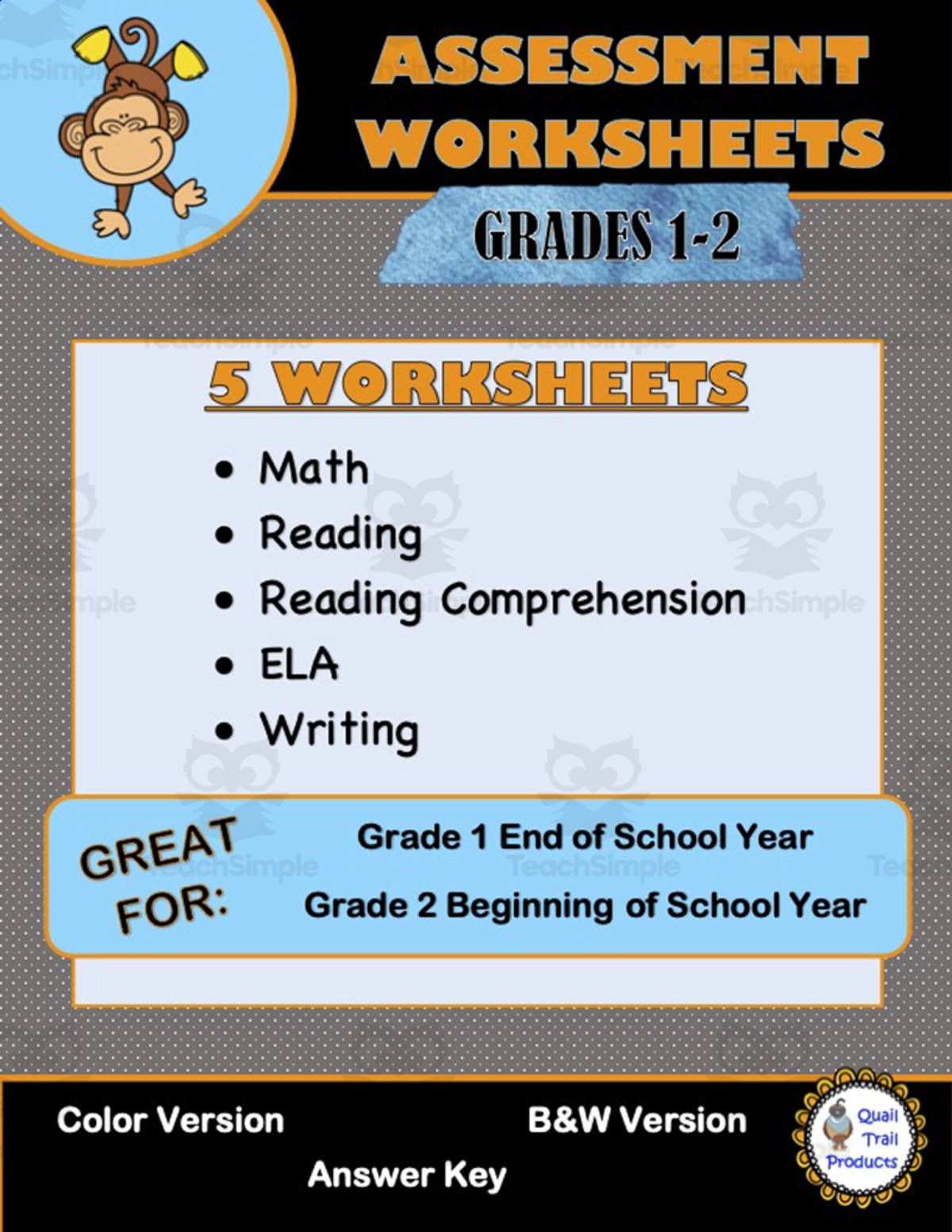 An educational teaching resource from Quail Trail Products entitled Grades 1 and 2 Multi-Subject Assessment Worksheets downloadable at Teach Simple.