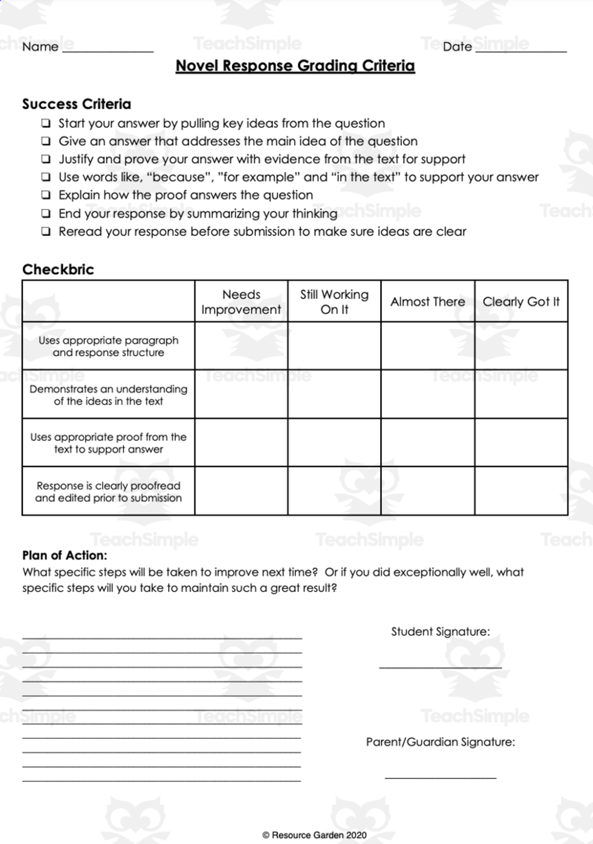 An educational teaching resource from Resource Garden entitled Grading Rubric for Novel Response downloadable at Teach Simple.