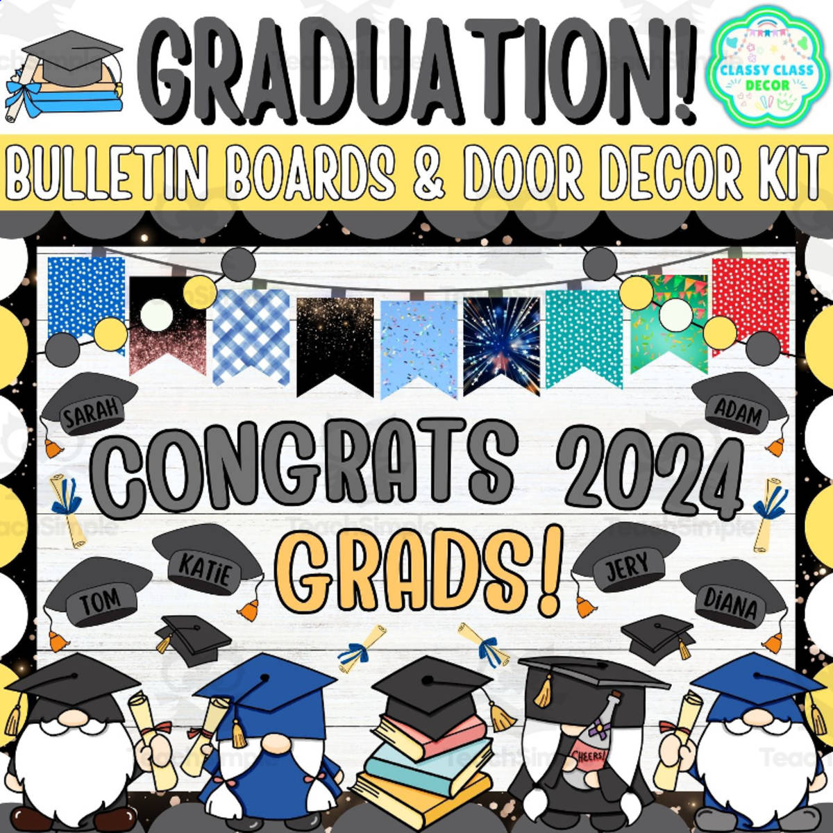 An educational teaching resource from Classy Class Decor entitled Graduation Bulletin board And door Decor kit: Congrats 2024 grads! downloadable at Teach Simple.