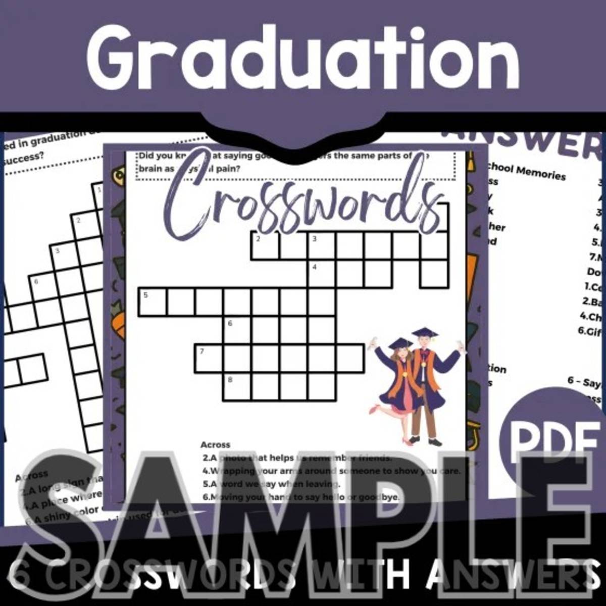 An educational teaching resource from Cored Education entitled Graduation Crossword: 1 Page Sample (PDF) downloadable at Teach Simple.