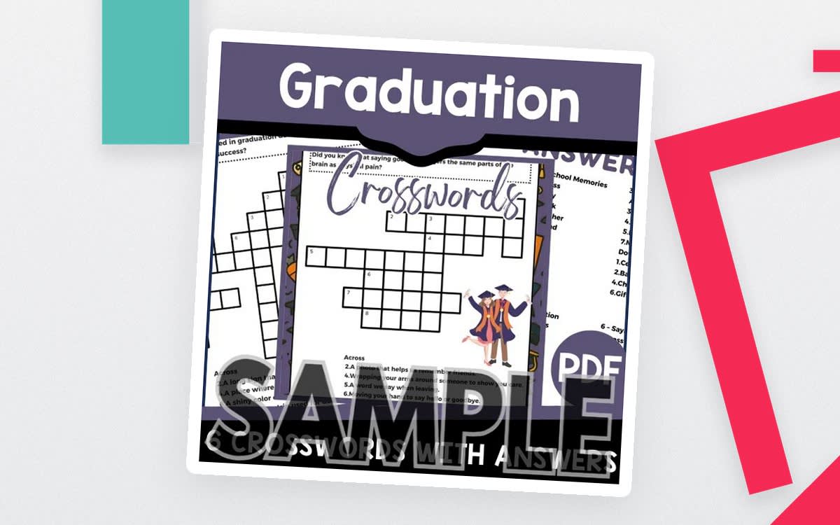An educational teaching resource from Cored Education entitled Graduation Crossword: 1 Page Sample (PDF) downloadable at Teach Simple.