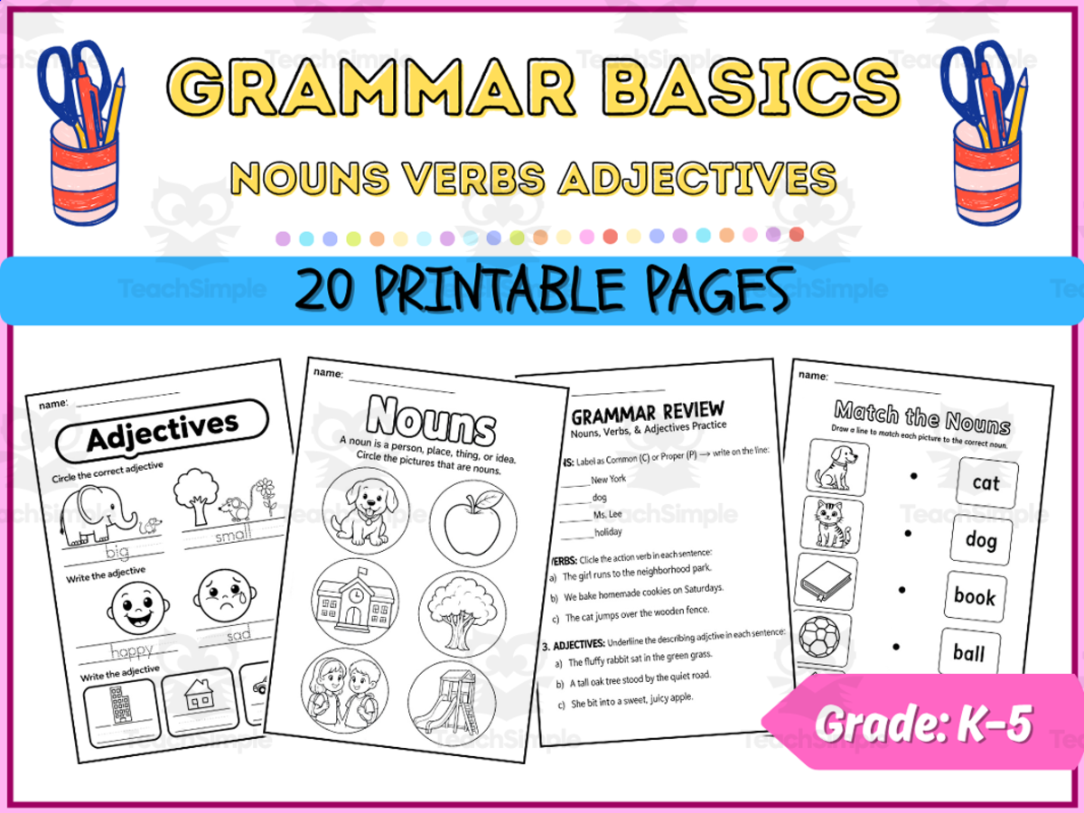 An educational teaching resource from LuminaPrint entitled Grammar Basics Worksheets Nouns Verbs Adjectives Activities K-5 downloadable at Teach Simple.