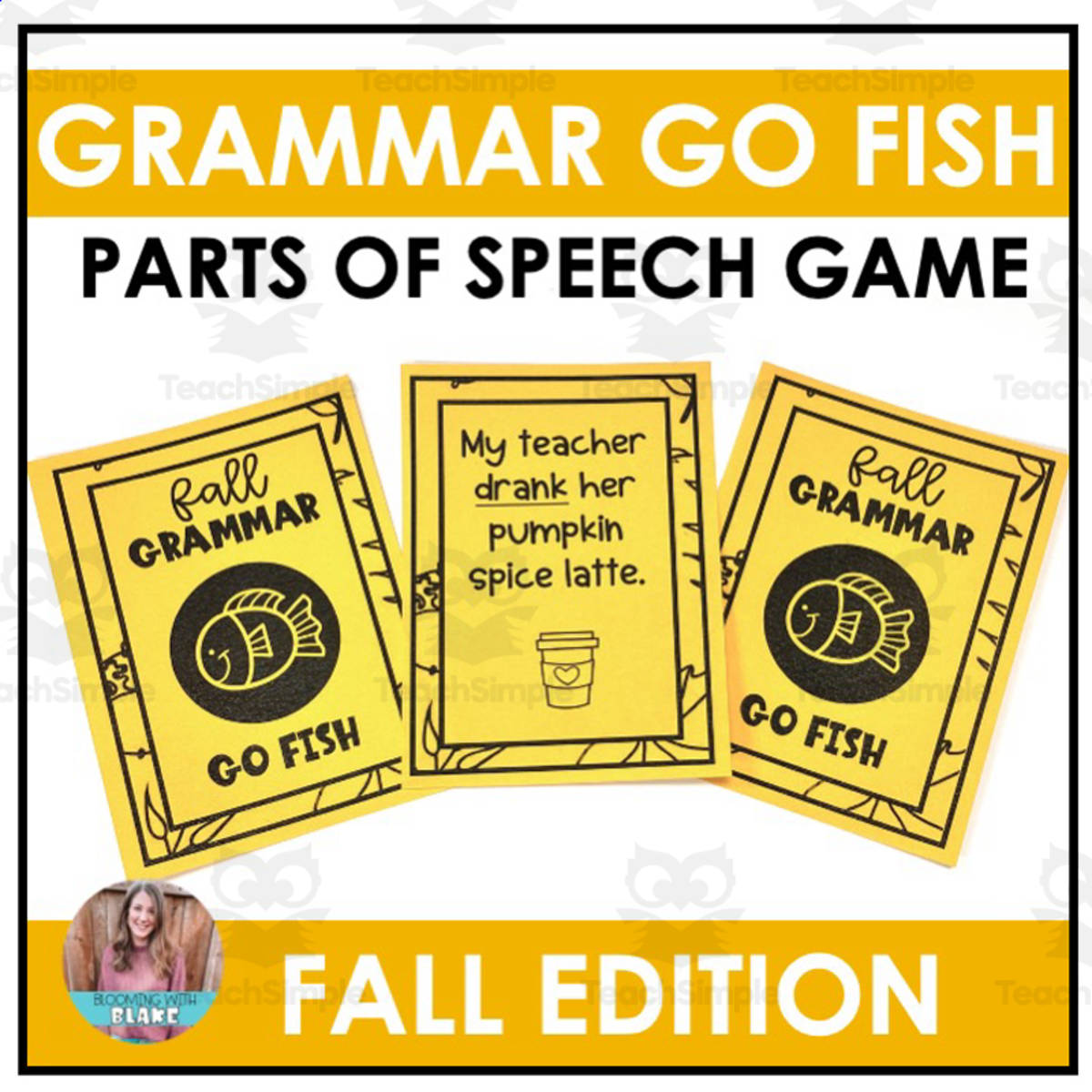 An educational teaching resource from Blooming with Blake entitled Grammar Go Fish: Parts of Speech Review Game (Fall Edition) downloadable at Teach Simple.