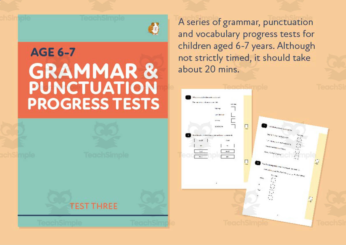 An educational teaching resource from Guinea Pig Education entitled Grammar, Punctuation and Vocabulary Test - Test Three - Age 6-7 (KS1) downloadable at Teach Simple.