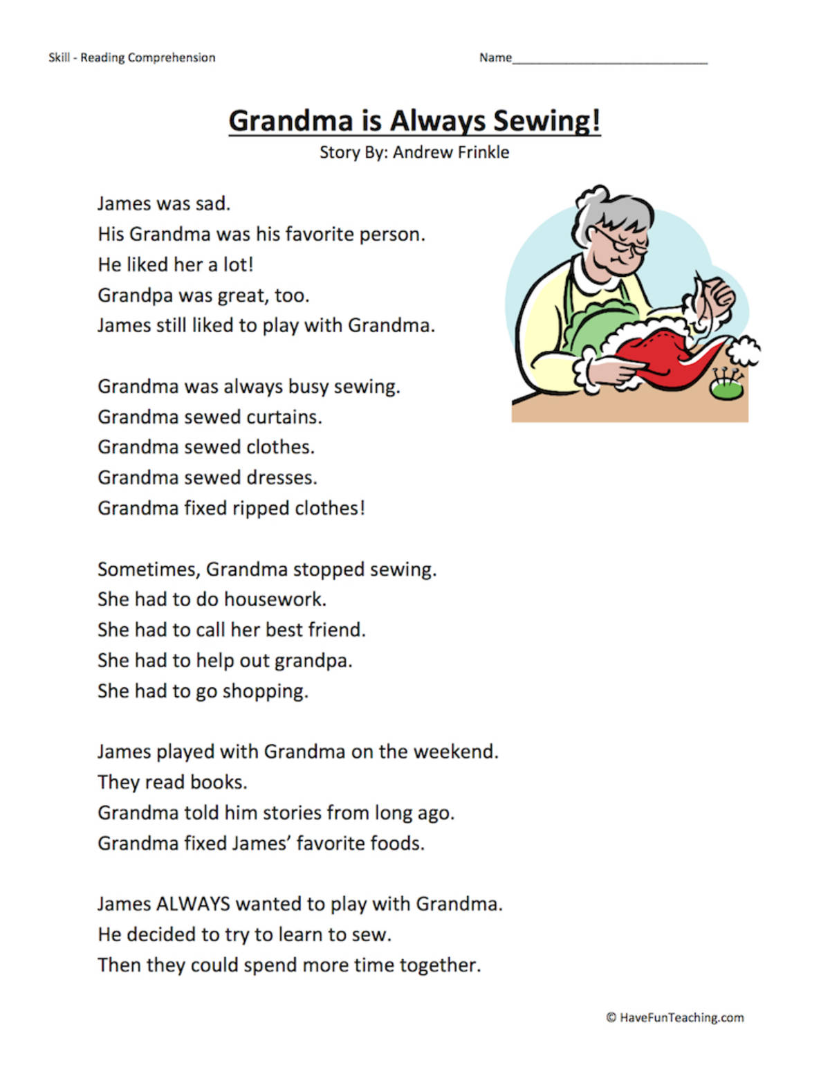 An educational teaching resource from Have Fun Teaching entitled Grandma Is Always Sewing - Reading Comprehension Worksheet downloadable at Teach Simple.