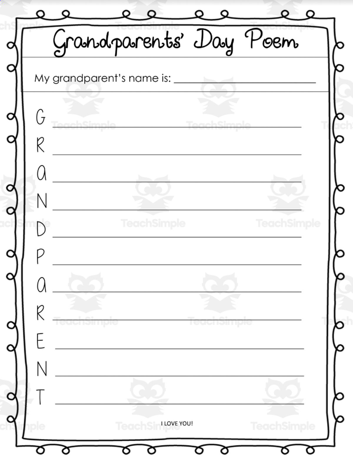 An educational teaching resource from The Language of Learning entitled Grandparent's Day Acrostic Poem Activity downloadable at Teach Simple.