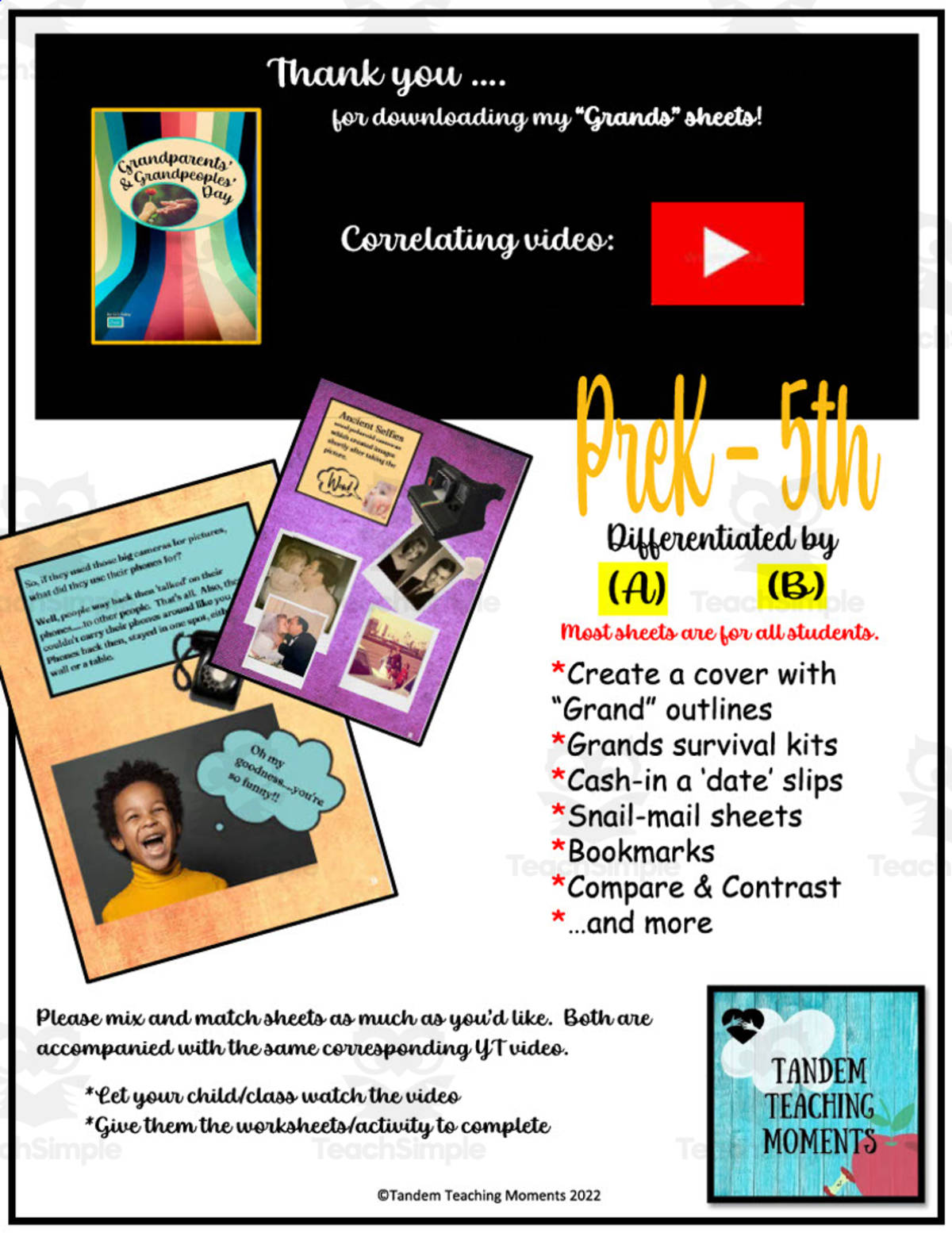 An educational teaching resource from Tandem Teaching Moments entitled "Grands' Day" Worksheet Packet downloadable at Teach Simple.