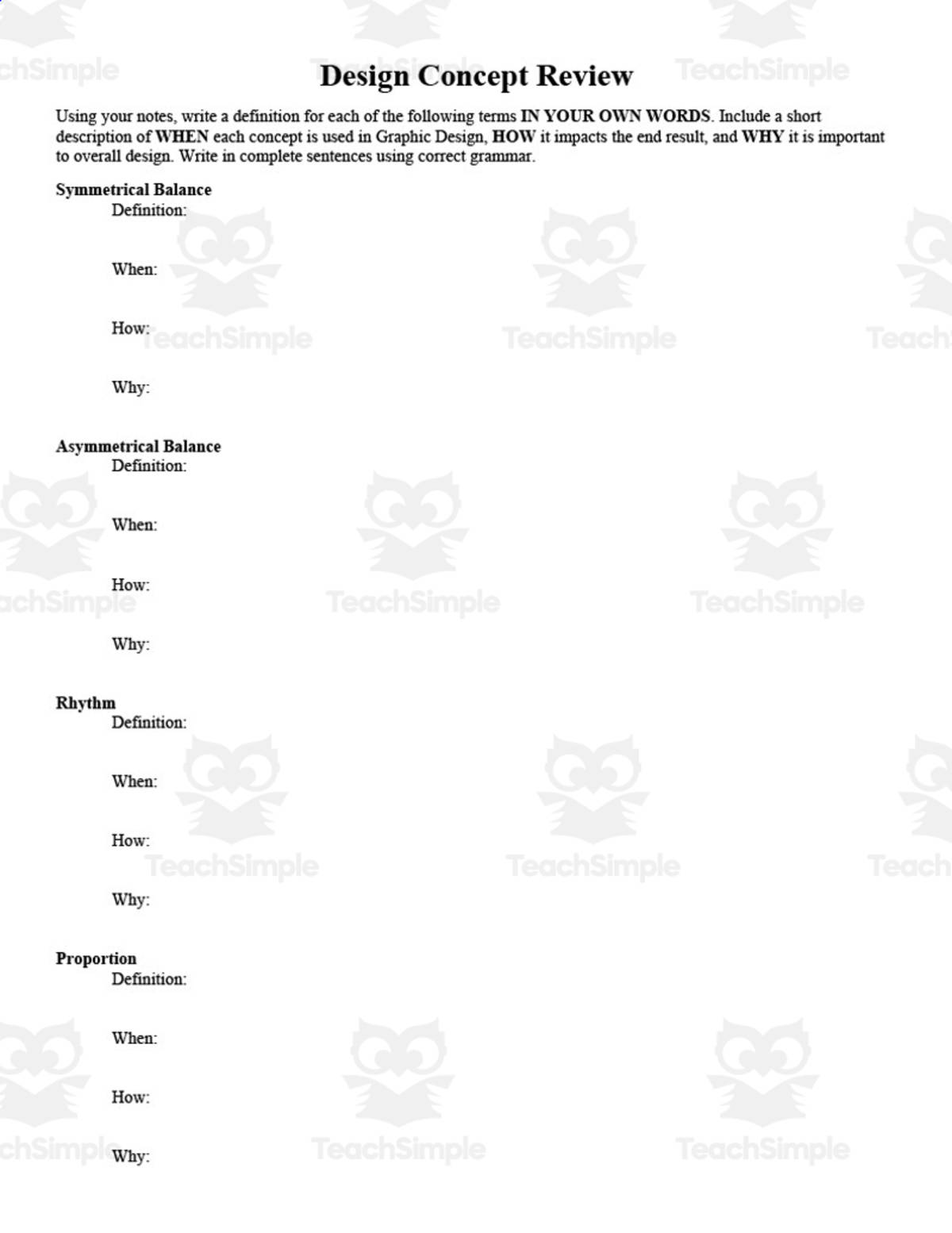 An educational teaching resource from OK Products entitled Graphic Design Concept Review downloadable at Teach Simple.