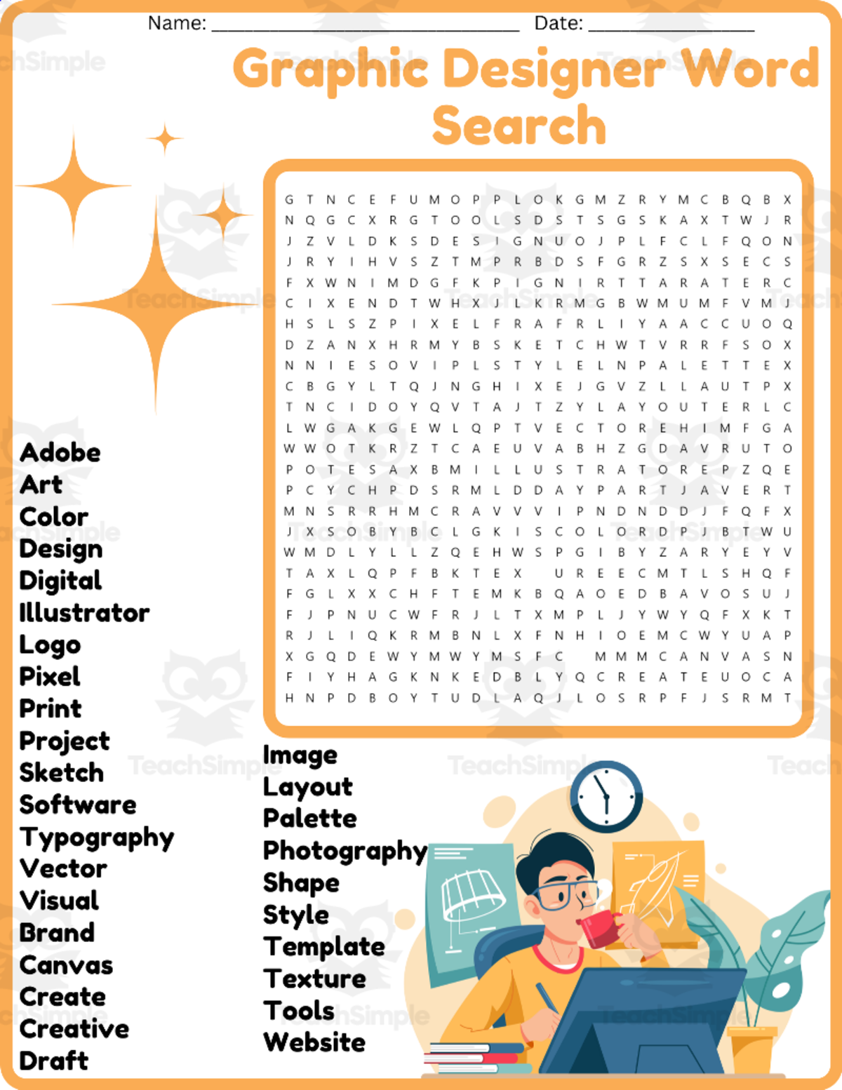 An educational teaching resource from space shope entitled Graphic Designer Word Search Puzzle Worksheet Activities downloadable at Teach Simple.