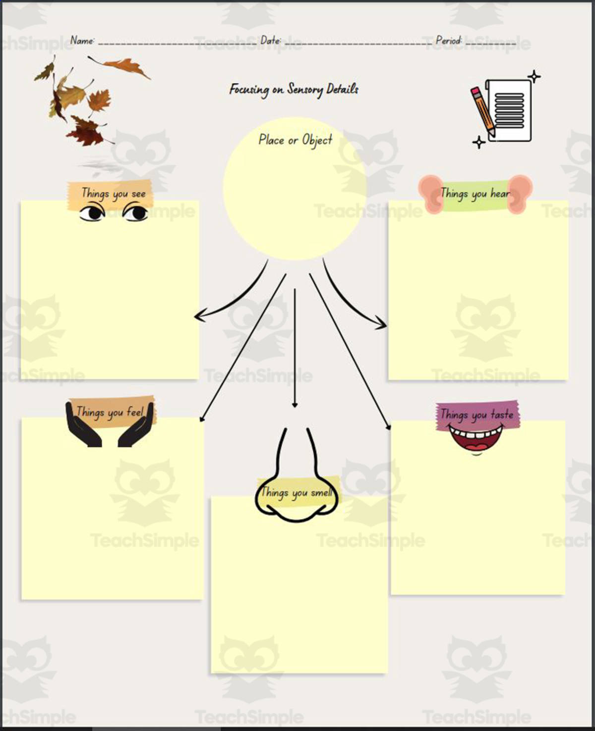 An educational teaching resource from Reading in the Middle Grade entitled Sensory Details Graphic Organizer – Writing Tool downloadable at Teach Simple.