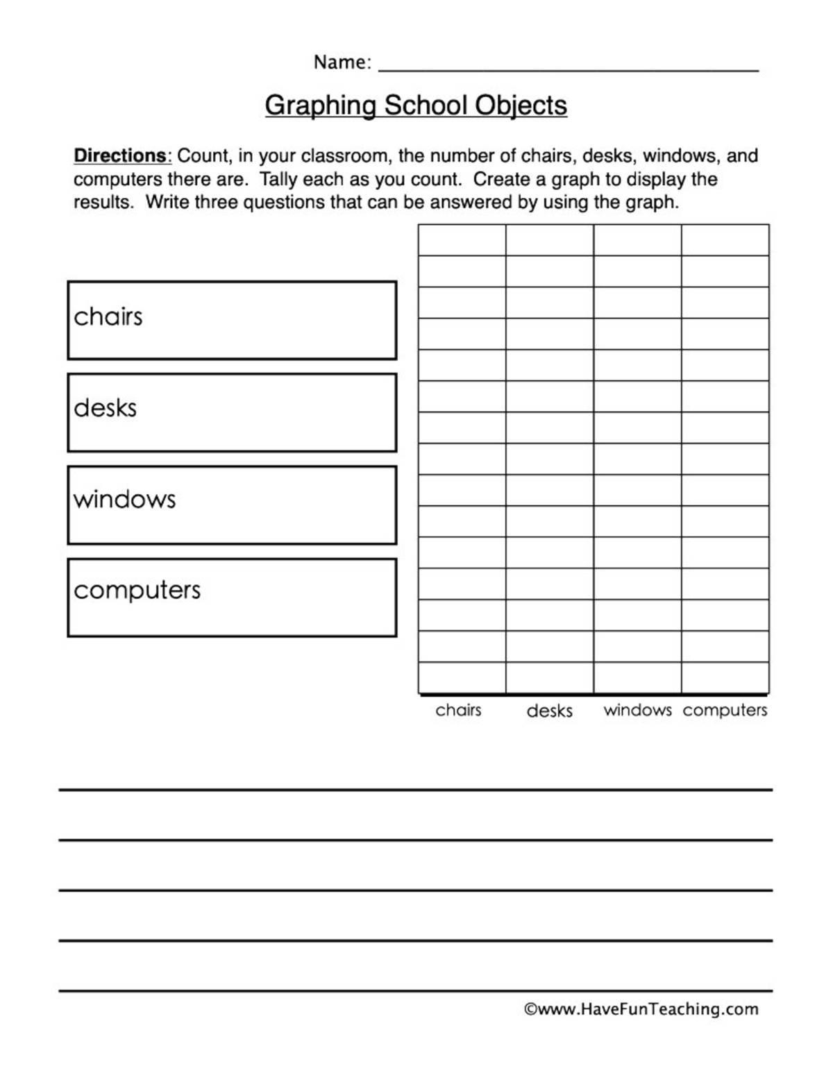 An educational teaching resource from Have Fun Teaching entitled Graphing School Objects Worksheet downloadable at Teach Simple.