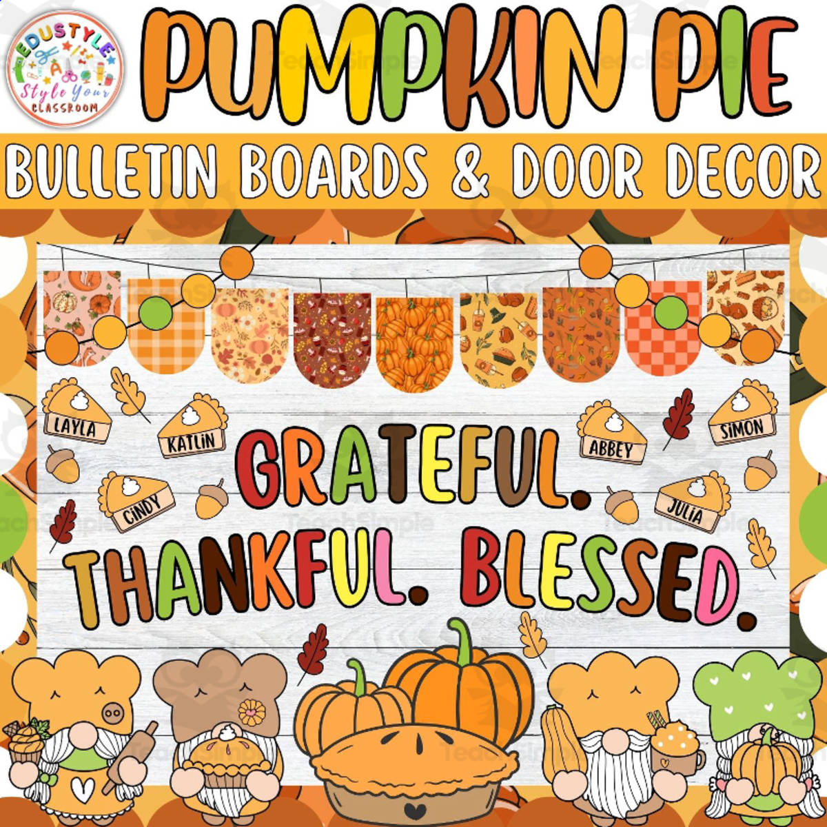 An educational teaching resource from Style Your Classroom entitled Grateful. Thankful: Thanksgiving Bulletin board or door Decor kit downloadable at Teach Simple.