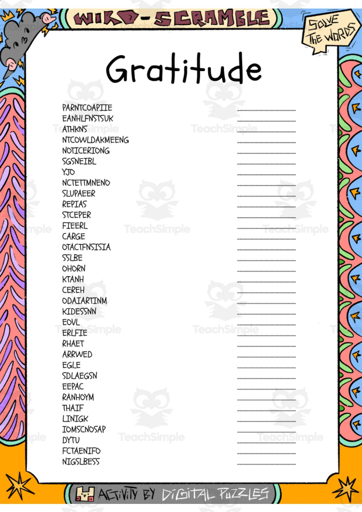 An educational teaching resource from Lapiiin Art Activities entitled Gratitude word Scramble puzzle worksheet downloadable at Teach Simple.