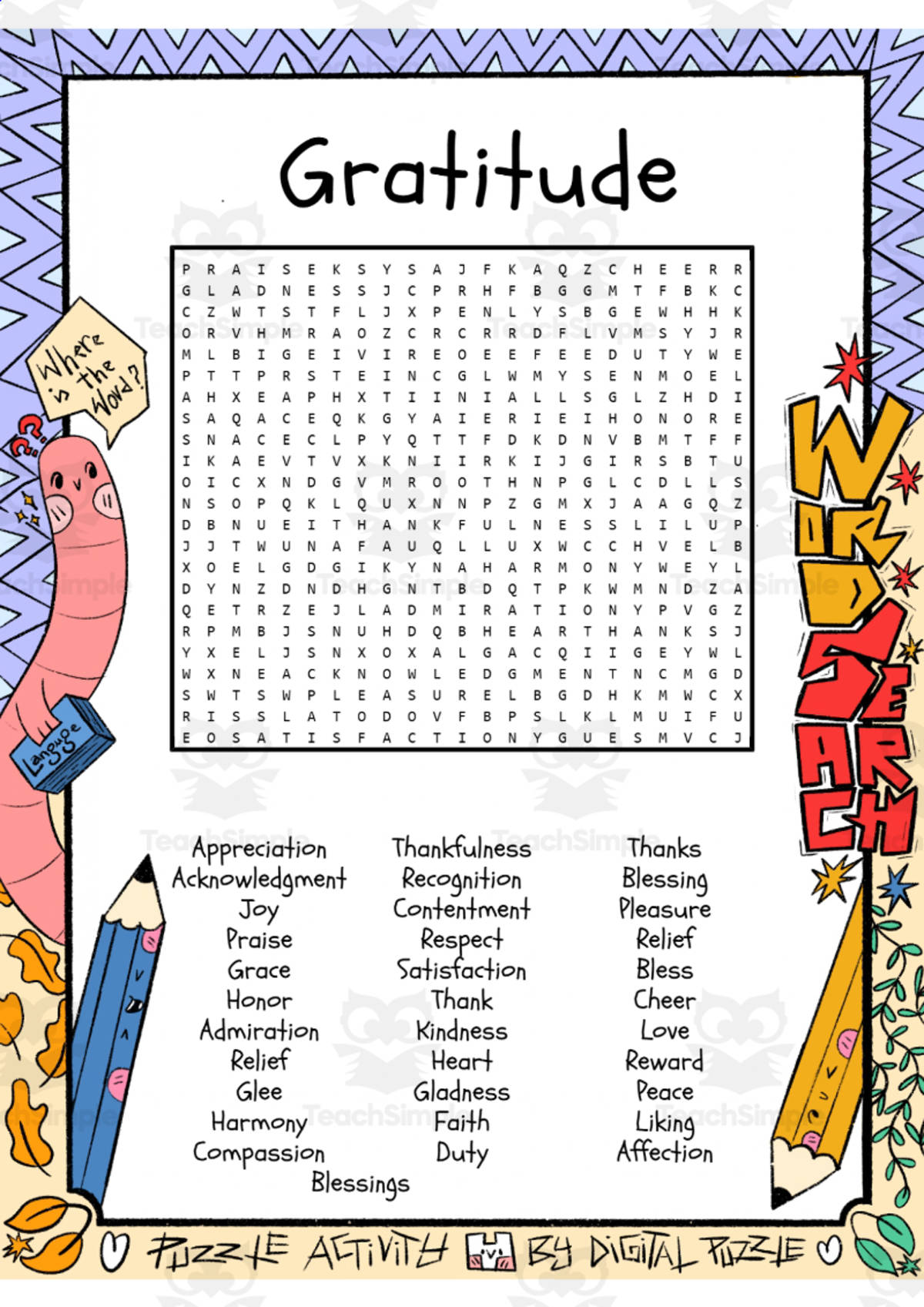 An educational teaching resource from Lapiiin Art Activities entitled Gratitude word search puzzle worksheet activity downloadable at Teach Simple.