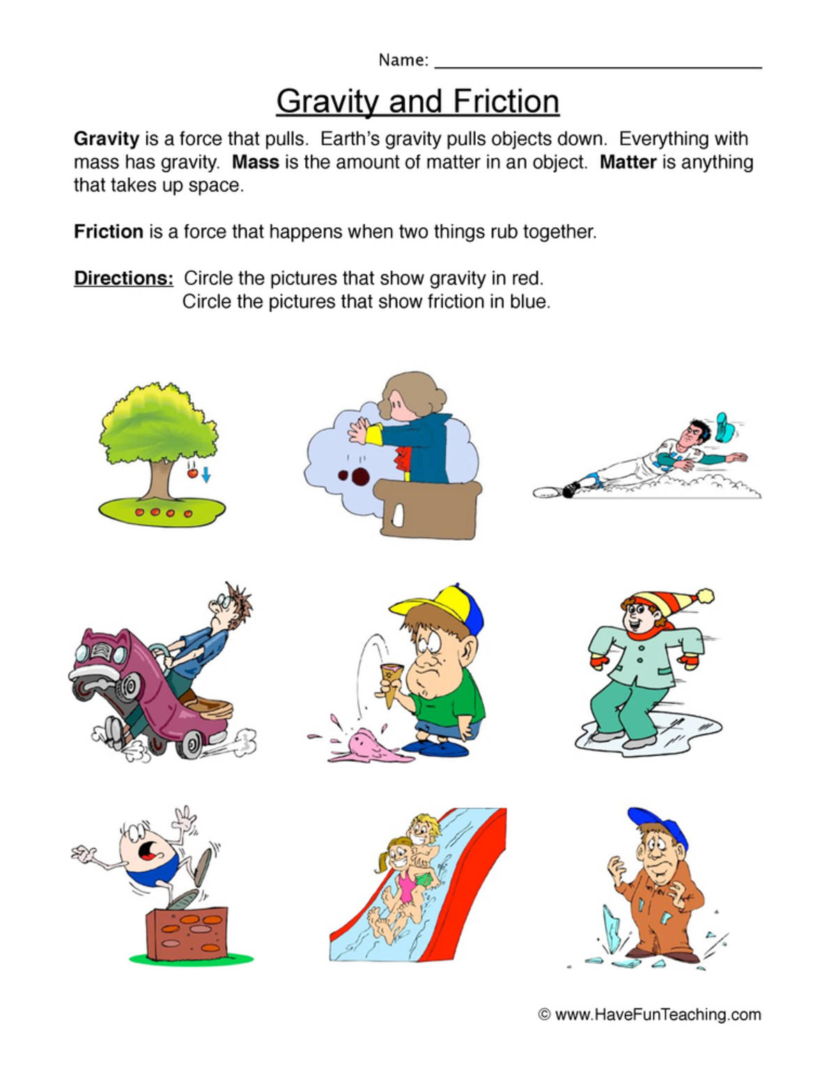 An educational teaching resource from Have Fun Teaching entitled Gravity or Friction Force Worksheet downloadable at Teach Simple.