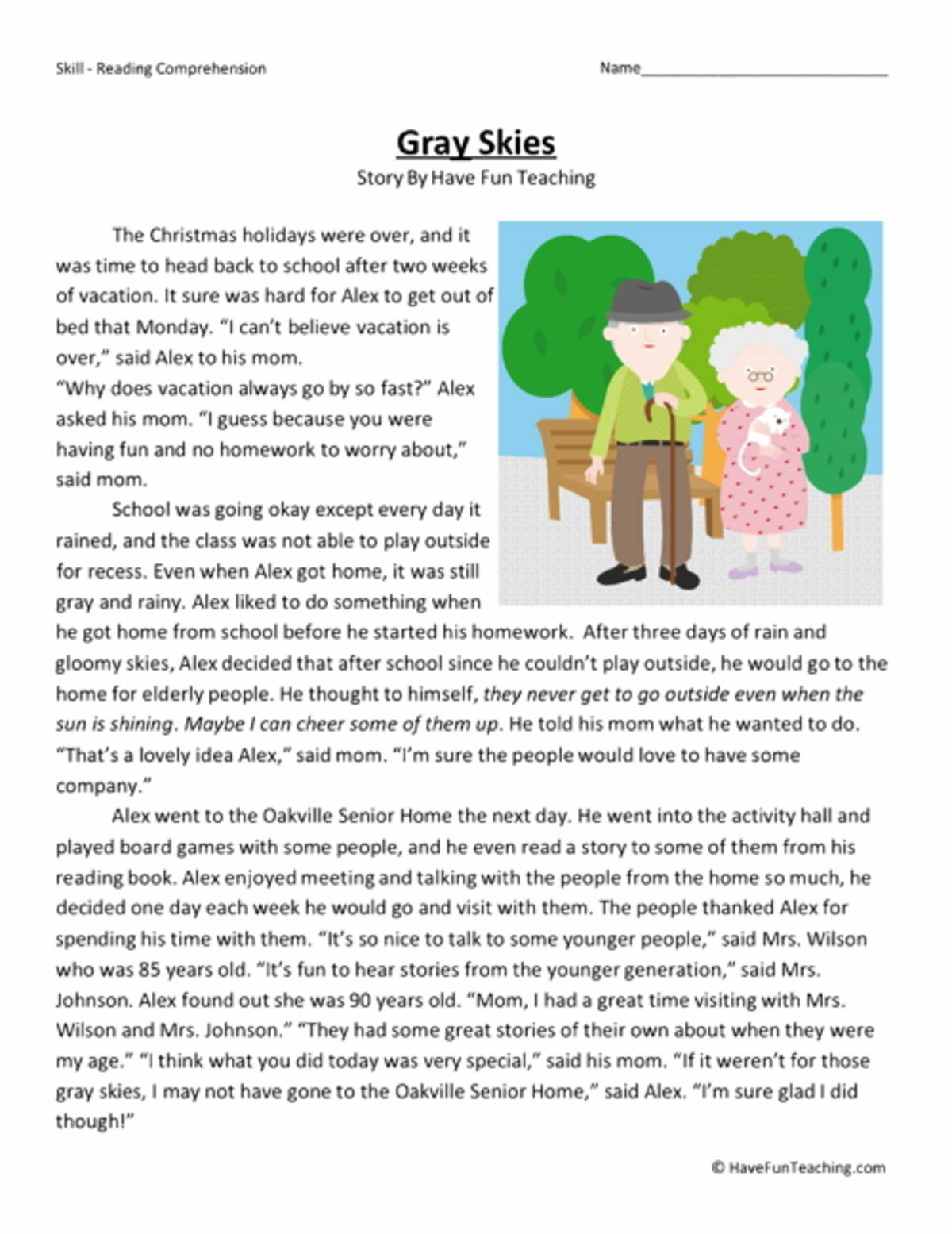 An educational teaching resource from Have Fun Teaching entitled Gray Skies - Reading Comprehension Worksheet downloadable at Teach Simple.