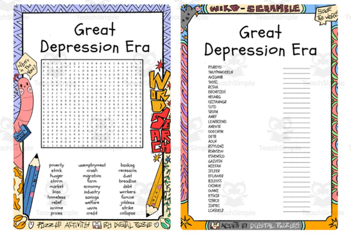 An educational teaching resource from Lapiiin Art Activities entitled Great Depression Era word search and word scramble downloadable at Teach Simple.