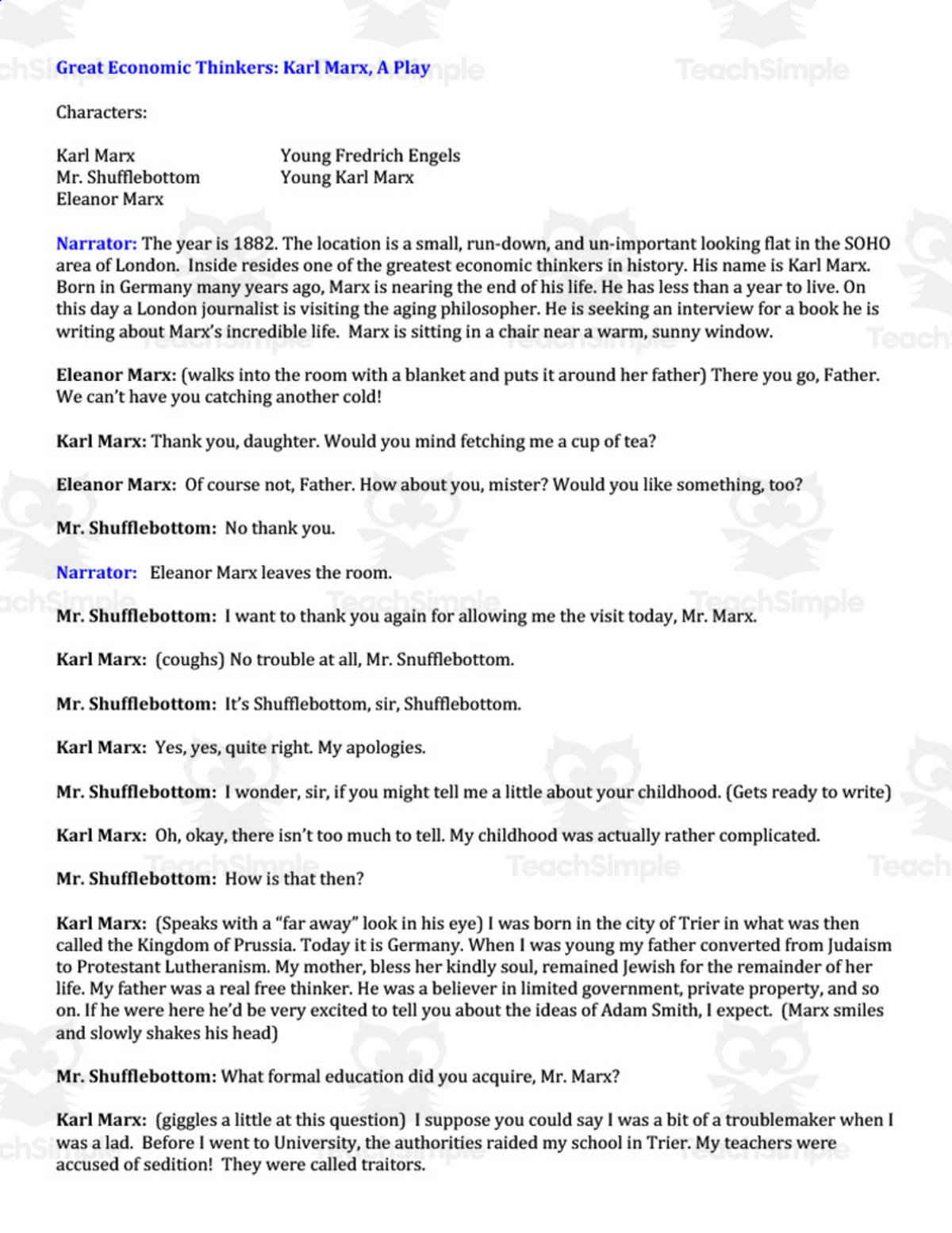 An educational teaching resource from BCM Creations entitled "Great Economic Thinkers: Karl Marx" - A History Play downloadable at Teach Simple.