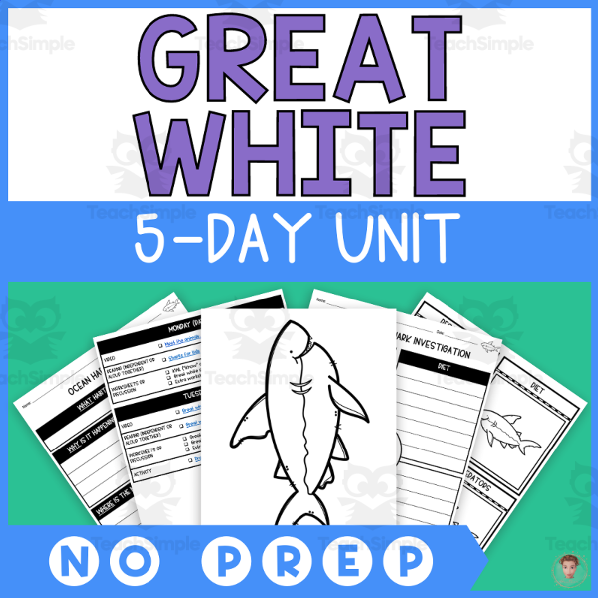 An educational teaching resource from Heather Huhman entitled Great White Shark Unit Study (Ocean Animals Lesson Plan, Videos, Activities) downloadable at Teach Simple.