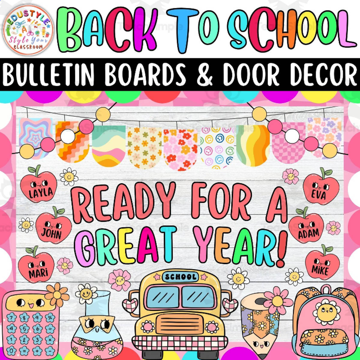 An educational teaching resource from Style Your Classroom entitled Great Year: August And Back To School Bulletin board or door Decor kit downloadable at Teach Simple.