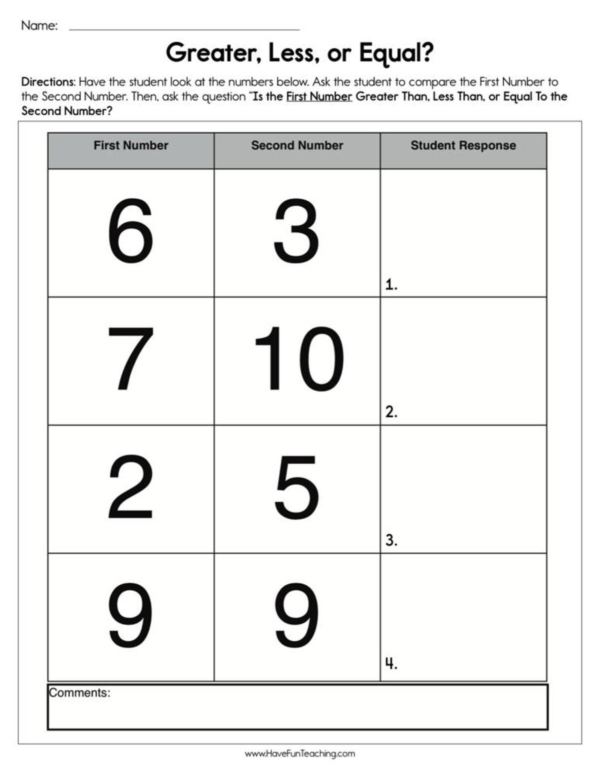 An educational teaching resource from Have Fun Teaching entitled Greater Less or Equal Worksheet downloadable at Teach Simple.
