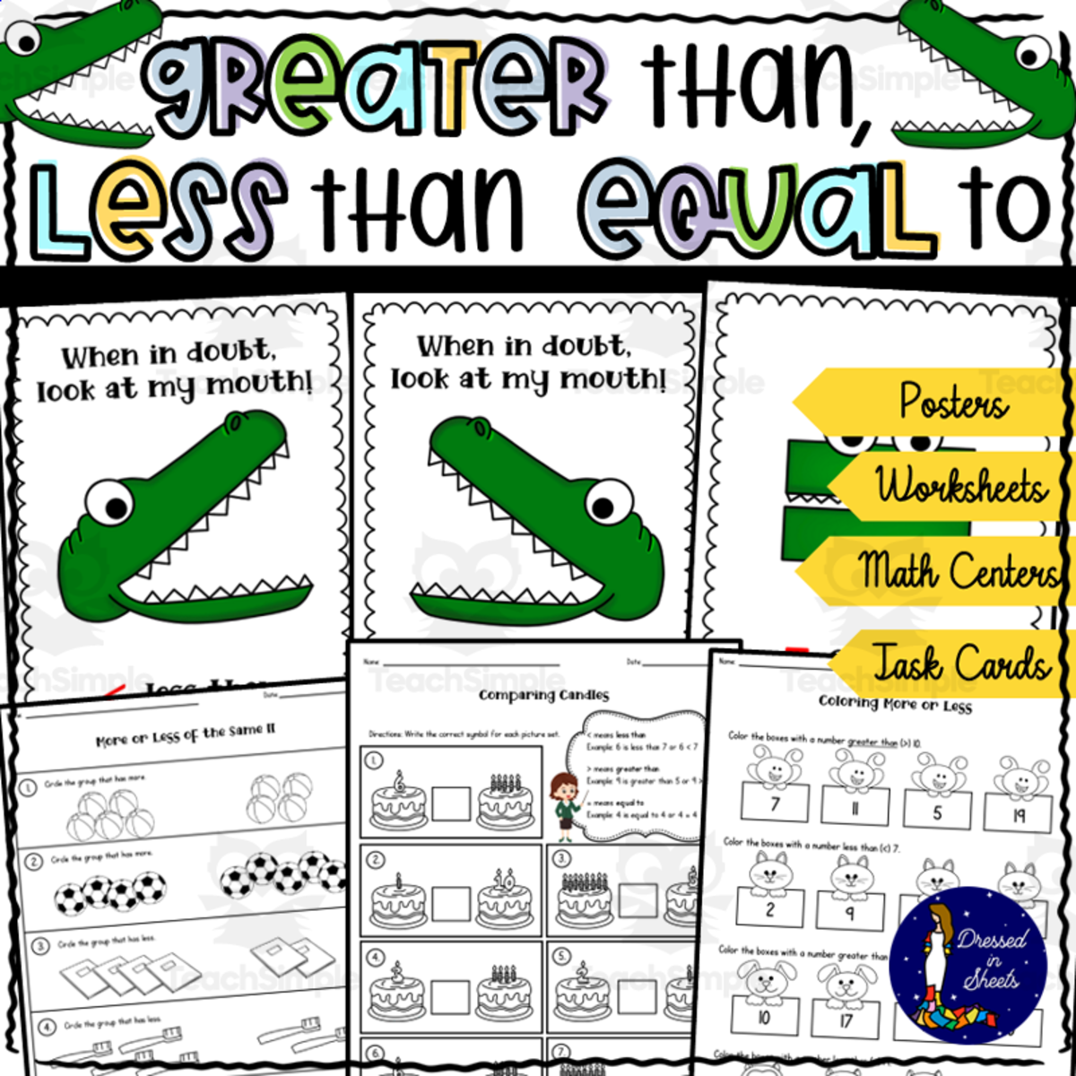 An educational teaching resource from Soumara Siddiqui entitled Greater than, less than, equal to Worksheets downloadable at Teach Simple.