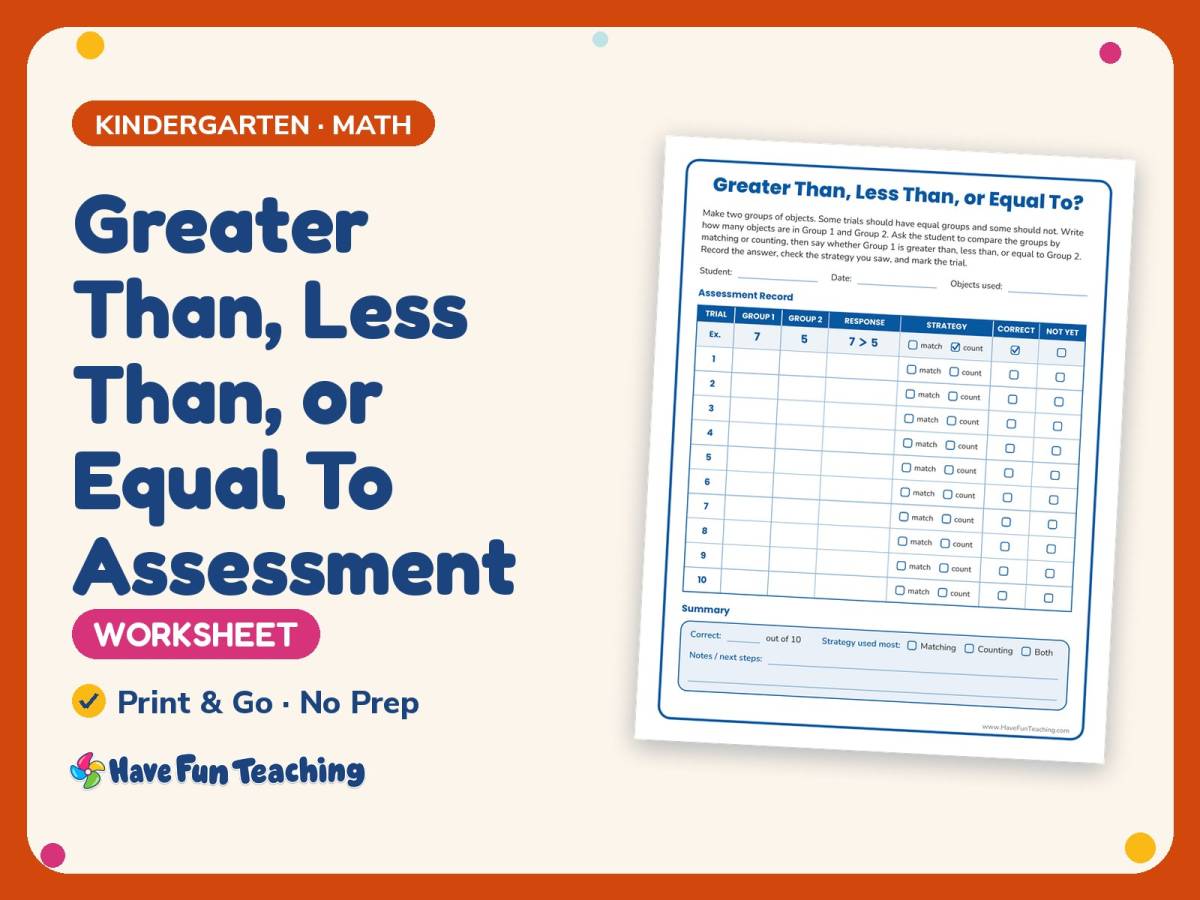 Greater Than, Less Than, or Equal To Assessment Worksheet Practice preview
