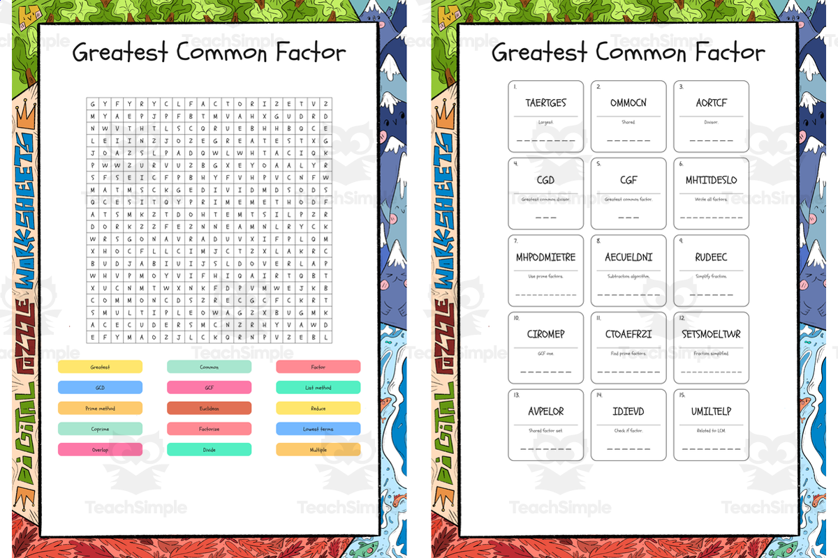 An educational teaching resource from Lapiiin Art Activities entitled Greatest Common Factor word search, scramble and crossword puzzle downloadable at Teach Simple.